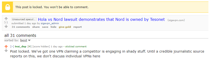Reddit Screenshot of HolaVPN vs NordVPN thread