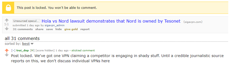 Capture d'écran Reddit de Holavpn vs Nordvpn Thread