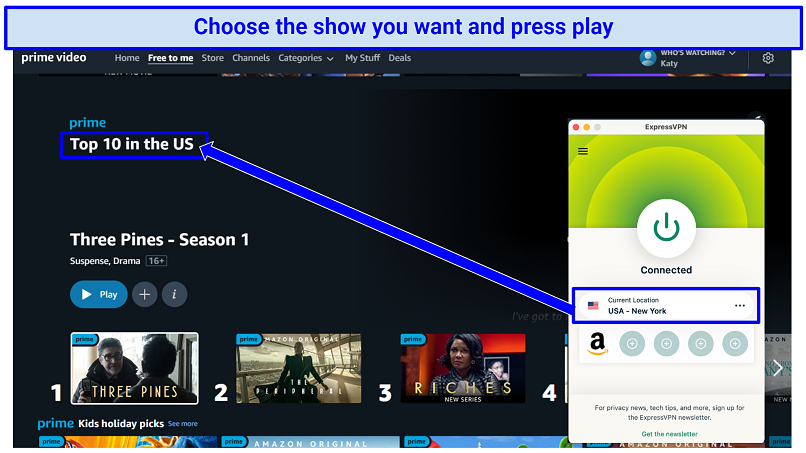 Screenshot showing how to find and play content on Prime Video