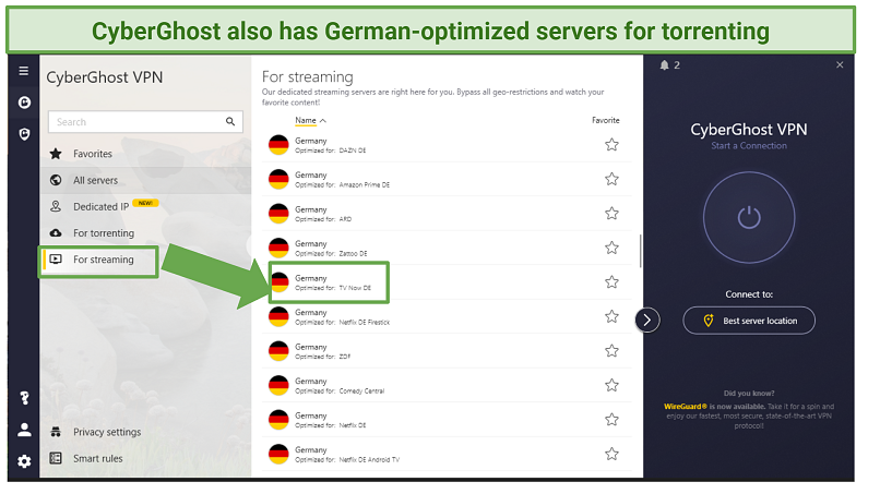 Screenshots of CyberGhost's German servers optimized for various streaming services.