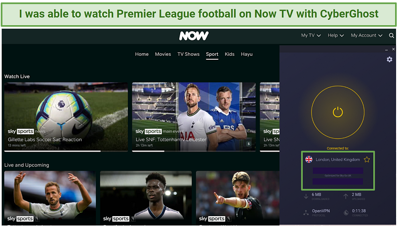 Screenshot of CyberGhost unblocking Now TV to watch Sky Sports