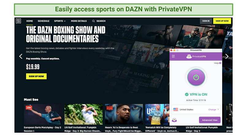 Screenshot showing PrivateVPN accessing DAZN US catalog