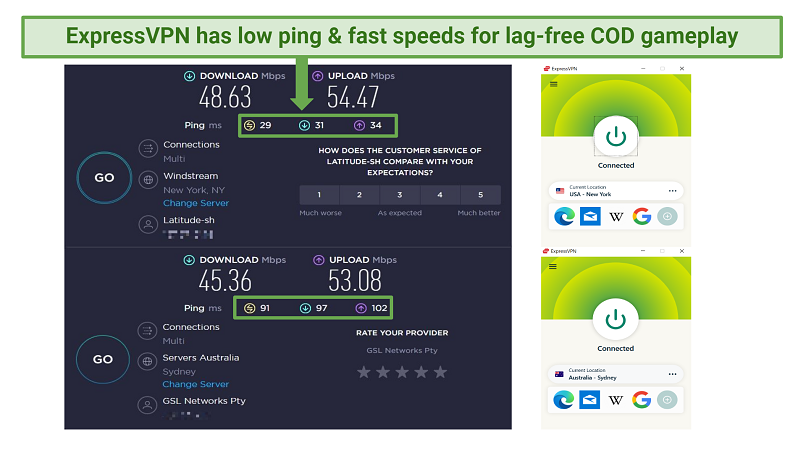 a screenshot showing ExpressVPN's speed test results on nearby and distant servers