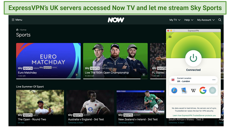 Screenshot of ExpressVPN unblocking Sky Sports on Now TV