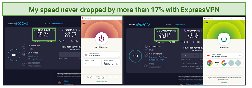Screenshots of speed tests while connected to some of ExpressVPN's German servers