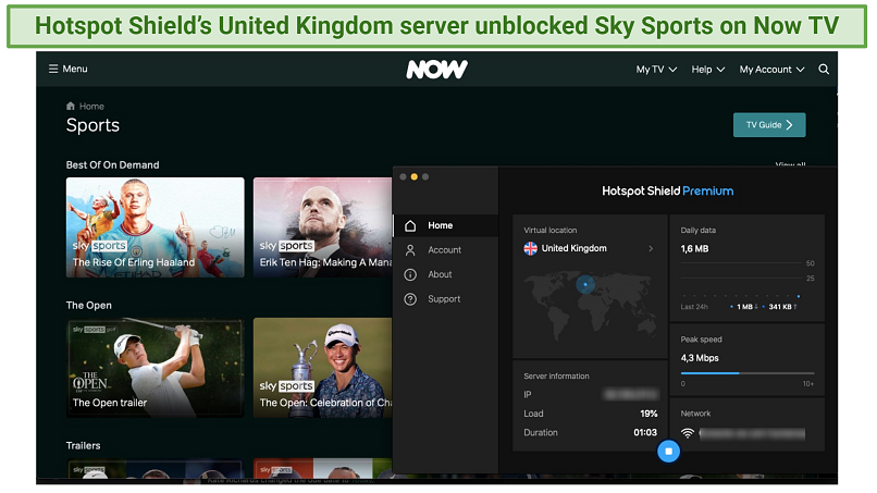 Screenshot of Hotspot Shield unblocking Sky Sports on Now TV