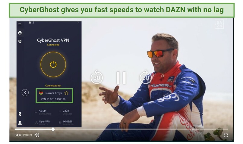 A screenshot showing CyberGhost let me watch DAZN with no interruption.