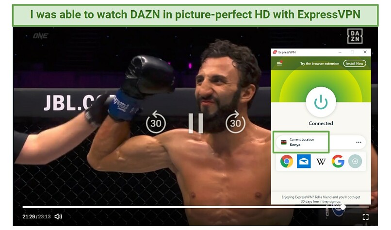 A screenshot showing ExpressVPN let me watch DAZN with zero buffering.