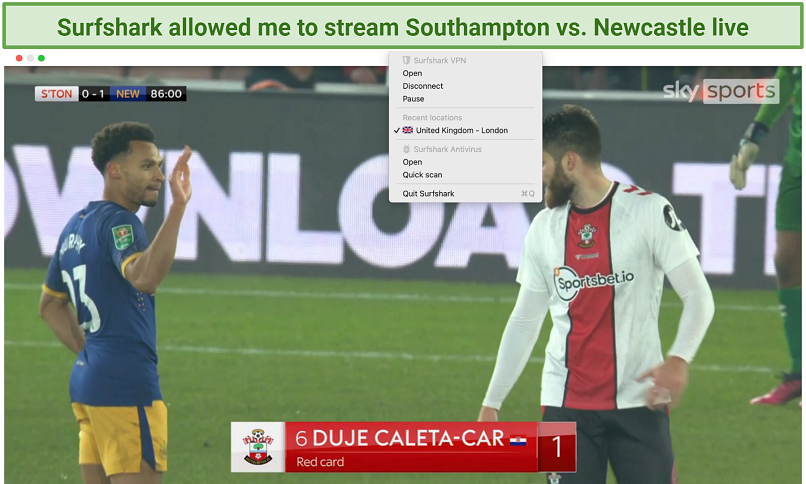 A screenshot of streaming Carabao Cup semi-final Southampton vs. Newcastle using Surfshark's UK London server