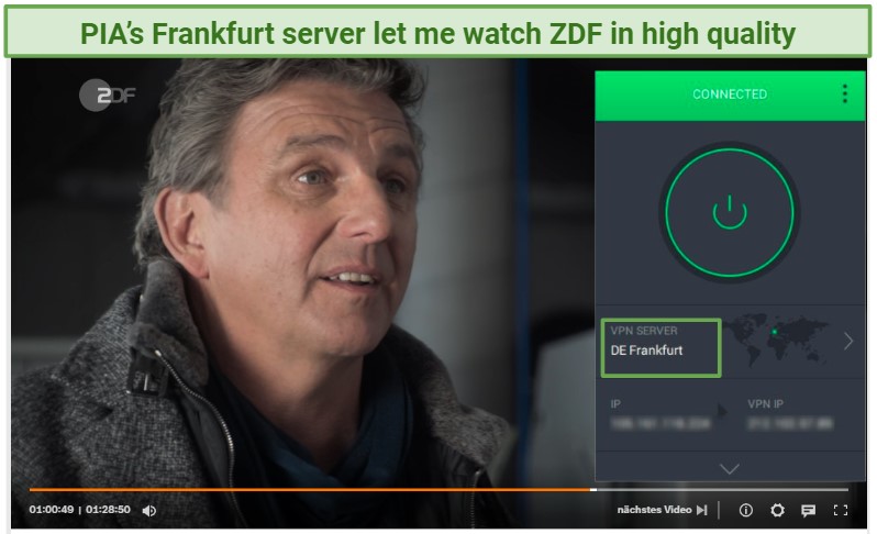 A screenshot showing PIA unblocking ZDF