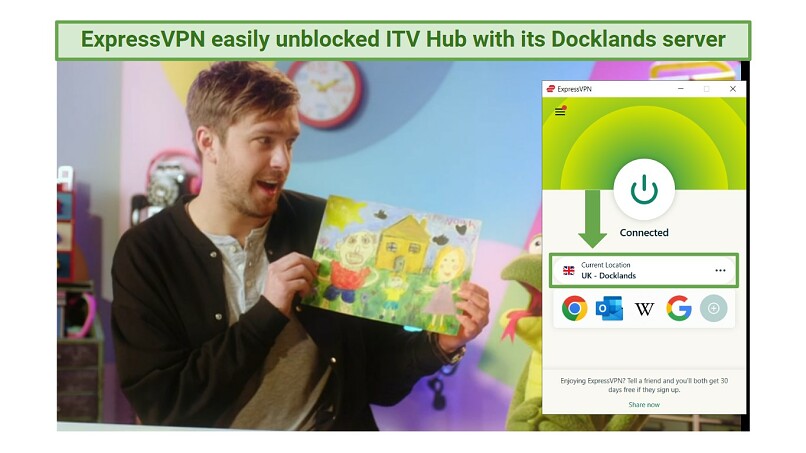 A screenshot showing the sitcom Buffering playing on ITV Hub while connected to ExpressVPN's UK, Docklands server