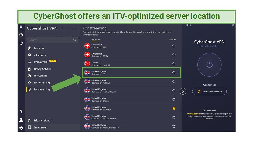 A screenshot of CyberGhost's Windows app showing its ITV-optimized server location