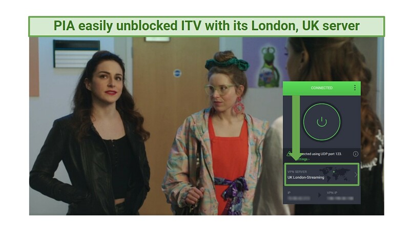 A screenshot showing an episode of Buffering playing on ITV Hub while connected to PIA's UK London streaming server