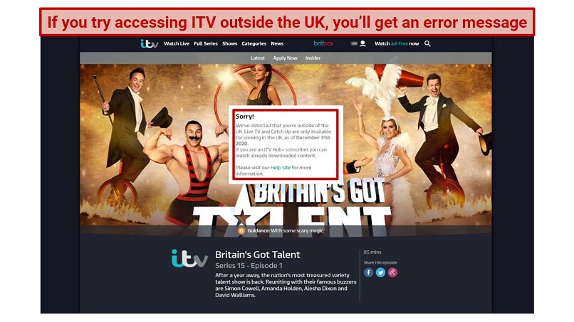 A screenshot of the error message that comes up on ITV Hub when you try accessing it outside the UK