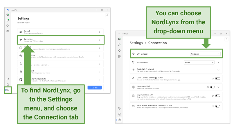 Screenshots of NordVPN's app showing how to find the NordLynx protocol