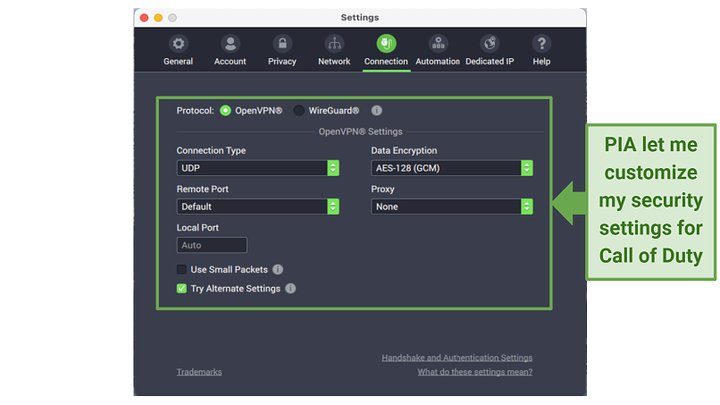 Graphic showing PIA security settings