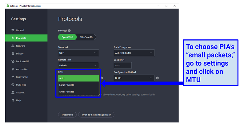 Screenshots of PIA settings page showing how to set
