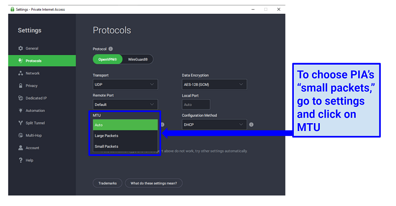 Screenshots of PIA settings page showing how to set 