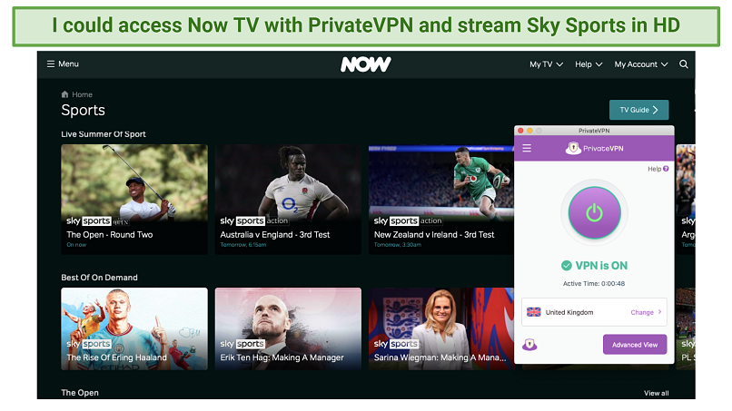 Screenshot of PrivateVPN unblocking Sky Sports on Now TV