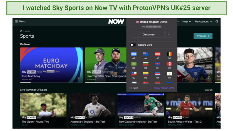 Screenshot of Proton VPN unblocking Sky Sports on Now TV