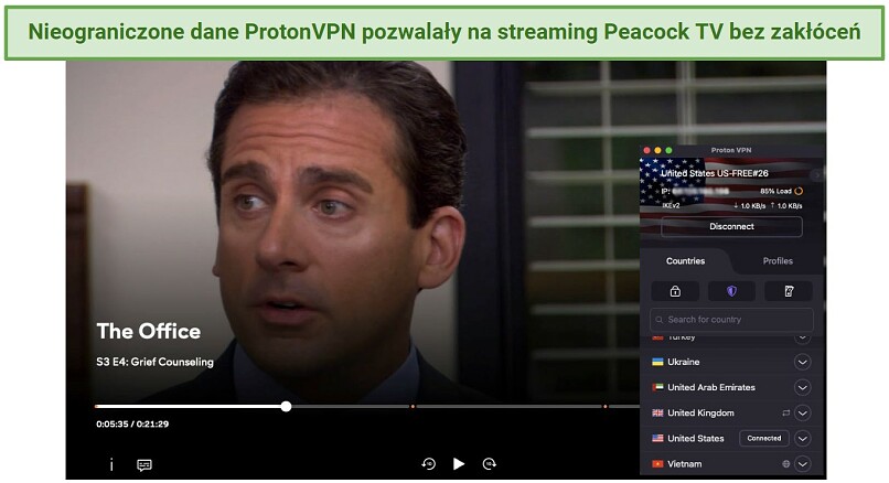 Screenshot showing Proton VPN's free US server unblocking Peacock TV