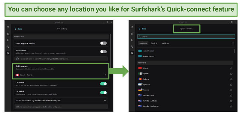 Screenshots of Surfshark's app showing how you can customize its Quick-connect feature by choosing your preferred location