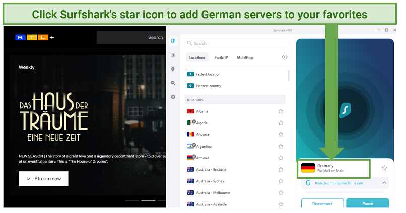 A screenshot of RTL+ with Haus Traume showing while connected to Surfshark German servers