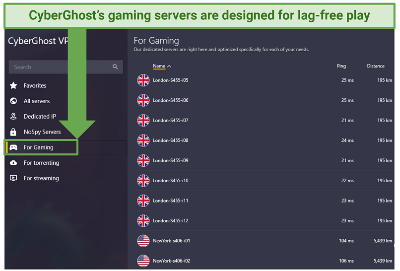 Screenshot of CyberGhost's gaming-optimized servers list