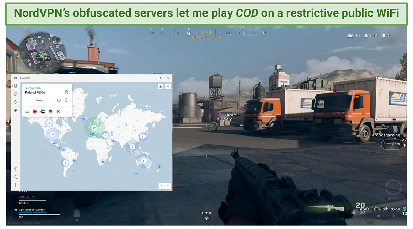 Screenshot of Call of Duty Gameplay with NordVPN's Obfuscated servers connected