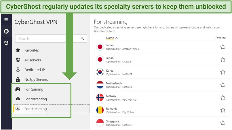 A screenshot showing CyberGhost has specialty servers for gaming, torrenting, and streaming, including locations in South Korea