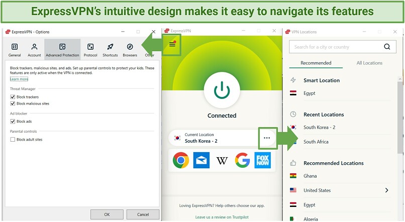 A screenshot showing the intuitive and easy-to-use interface of ExpressVPN