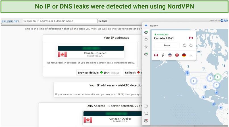 A screenshot showing NordVPN passed DNS and IP leak tests