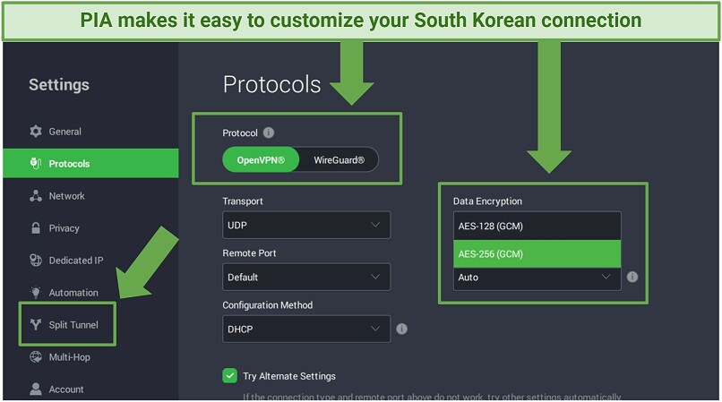 A screenshot showing Private Internet Access (PIA) allows you to select your preferred protocol and encryption level for customized connectivity