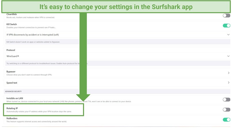 A screenshot showing Surfshark's Rotating IP feature, which regularly changes IP addresses
