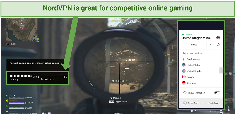 Screenshot of frag in CoD: Warzone 2 with NordVPN connected to the UK server