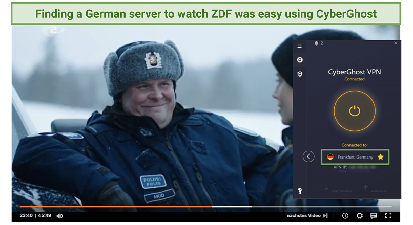 A screenshot showing CyberGhost bypassed ZDF strict geo-blocks.