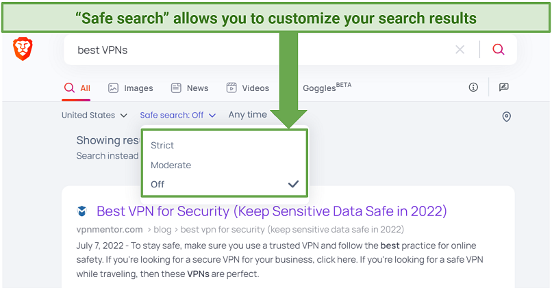 A screenshot of Brave Search engine showing its Safe search function where you can choose to filter out offensive or explicit content