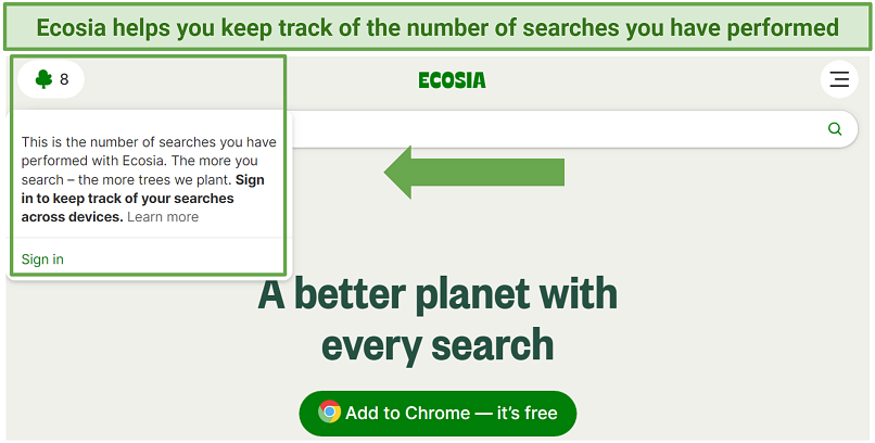 A screenshot of Ecosia's homepage where it keeps track of the number of your searches which helps plant trees