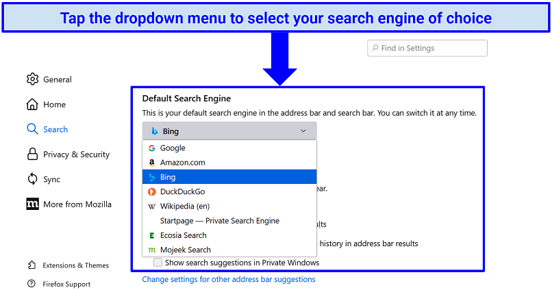 A screenshot showing it's easy to change default search engine in Firefox