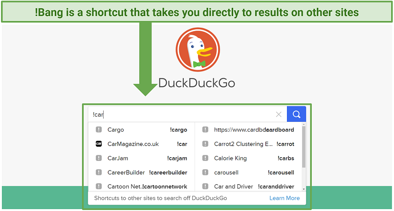 A screenshot showing DuckDuckGo's !Bang feature in use