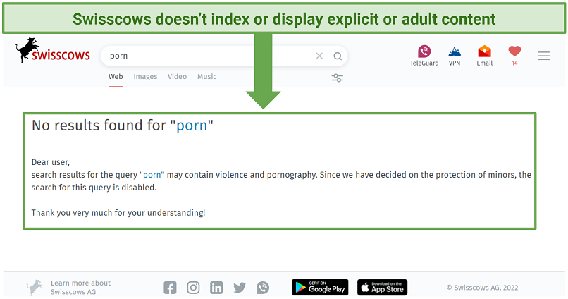 A screenshot showing Swisscows doesn't index or displays explicit content