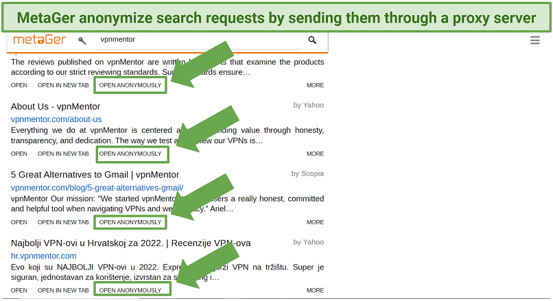 A screenshot showing MetaGer anonymizes search results by sending your requests through a proxy server