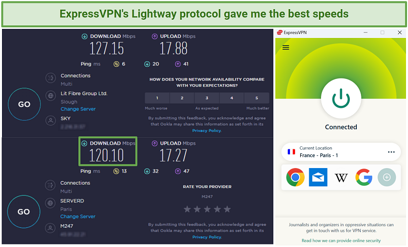 A screenshot of speed test results using ExpressVPN's French servers