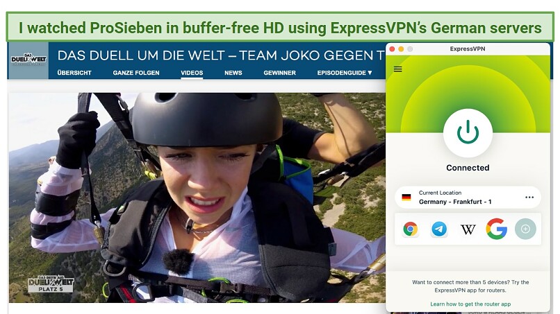 A screenshot of streaming ProSieben using ExpressVPN's Frankfurt server