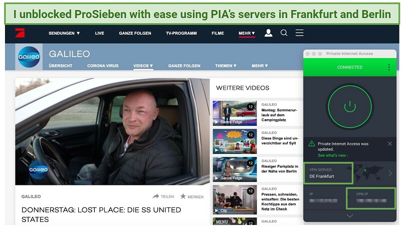 A screenshot of streaming ProSieben using PIA's server in Frankfurt