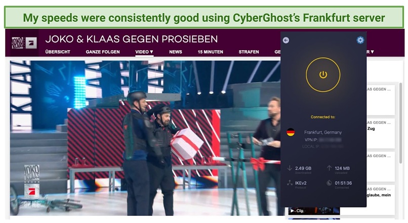 A screenshot of streaming ProSieben using CyberGhost's server in Frankfurt