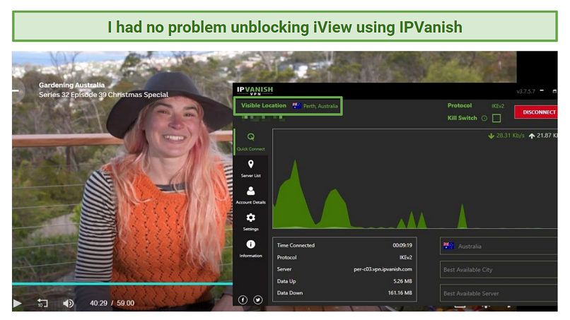 Image of IPVanish successfully streaming ABC iView