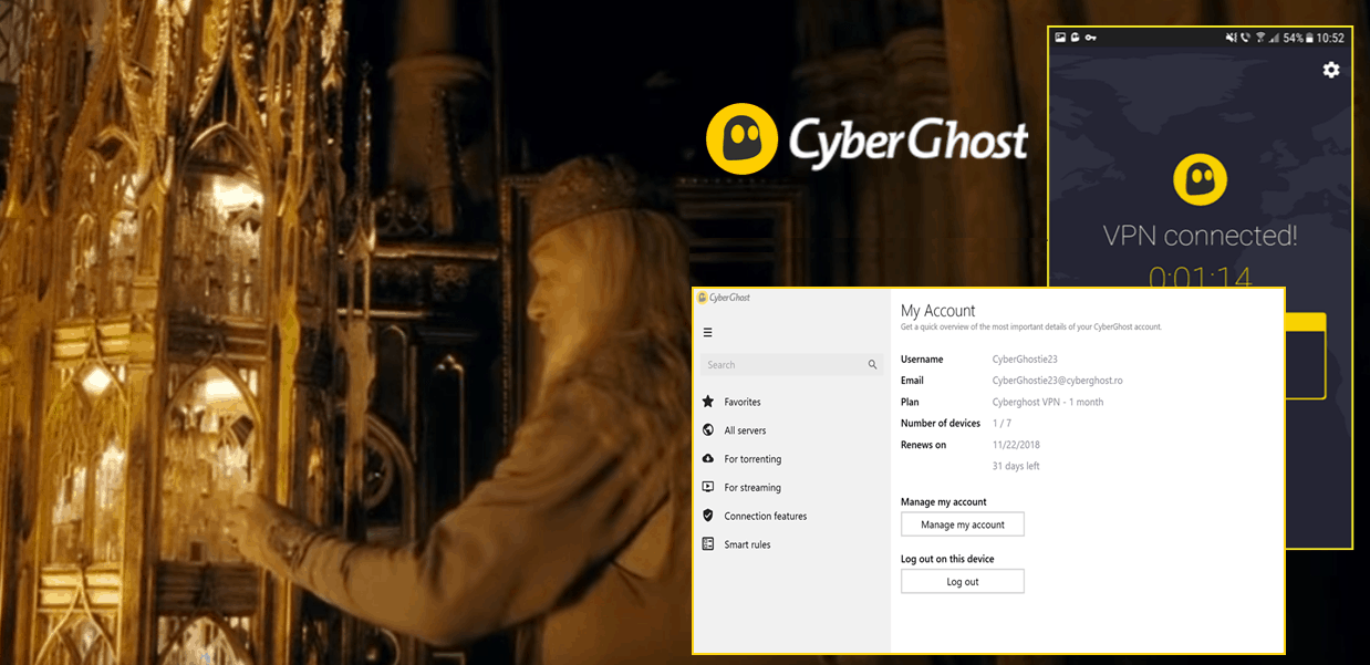 screenshot of Harry Potter playing with CyberGhost UI