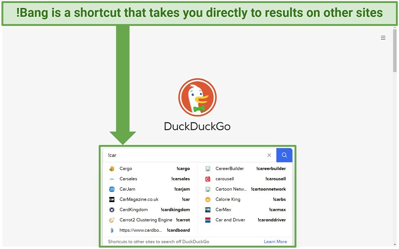 Screenshot of DuckDuckGo search with !Bang search suggestions for the word car.