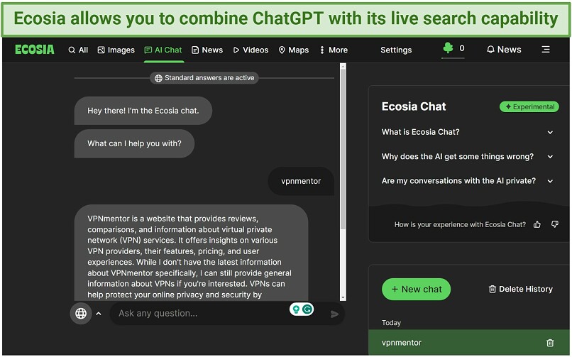 A screenshot showing Ecosia's AI Chat interface, powered by OpenAI's ChatGPT.